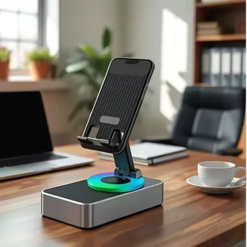 3-in-1 Collapsible Bluetooth Speaker and Phone Holder with 360-Degree Rotation and Portable Power Bank for iPad and Mobile Devices
