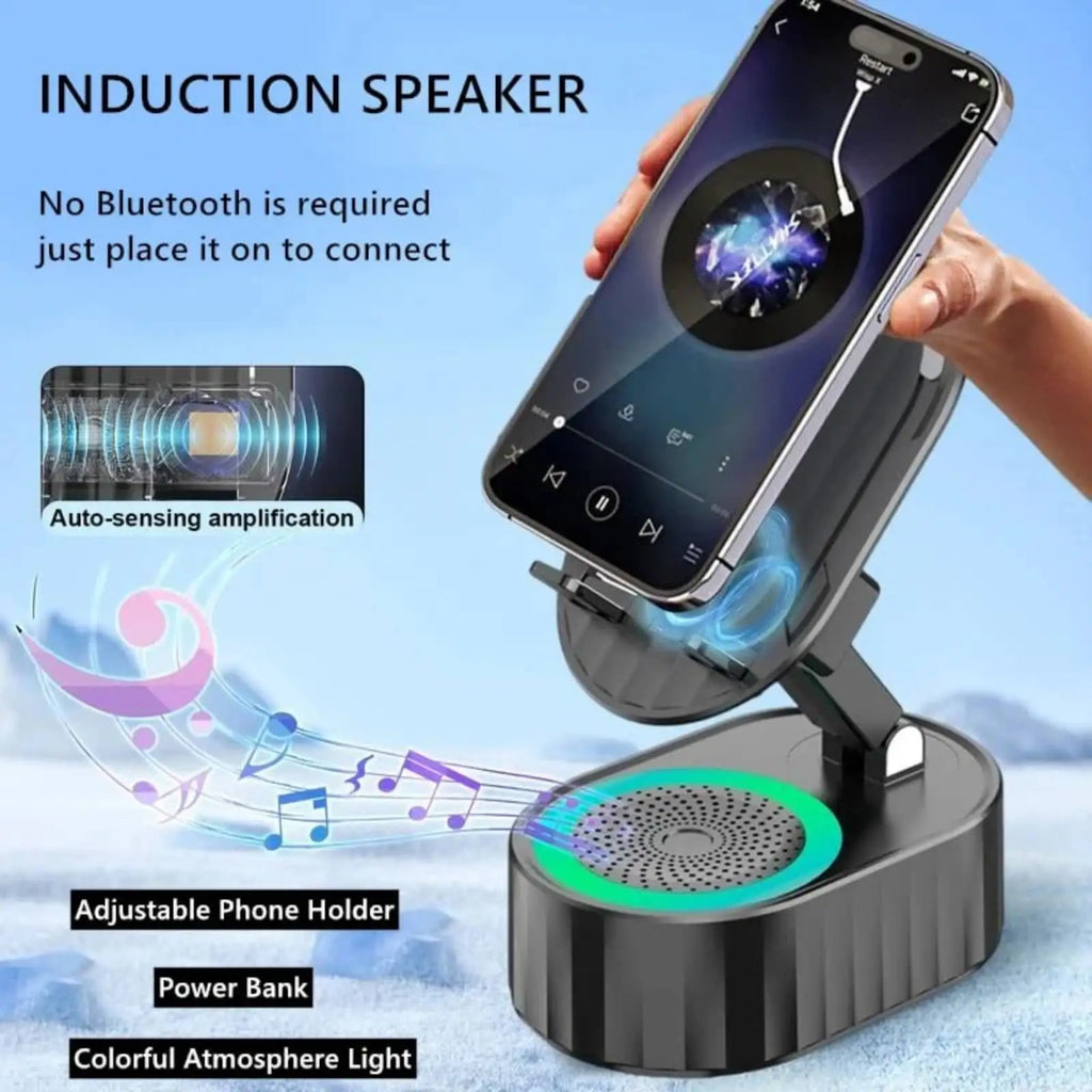 5-in-1 Wireless Induction Bluetooth Speaker with Phone Stand, Cellphone Charger, Power Bank, Atmosphere Light, and Tablet Holder - Black