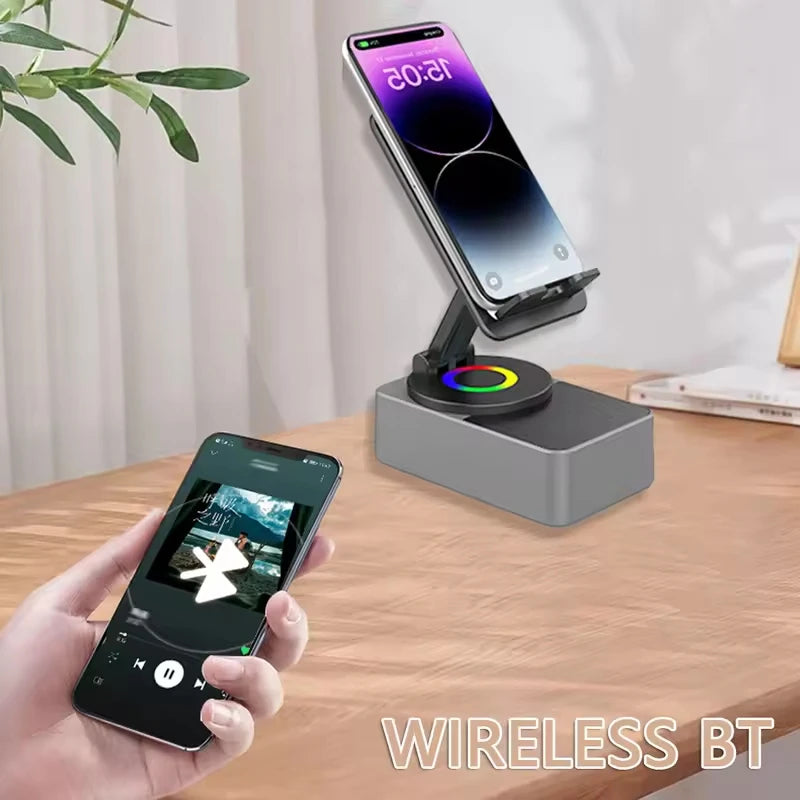 3-in-1 Collapsible Bluetooth Speaker and Phone Holder with 360-Degree Rotation and Portable Power Bank for iPad and Mobile Devices
