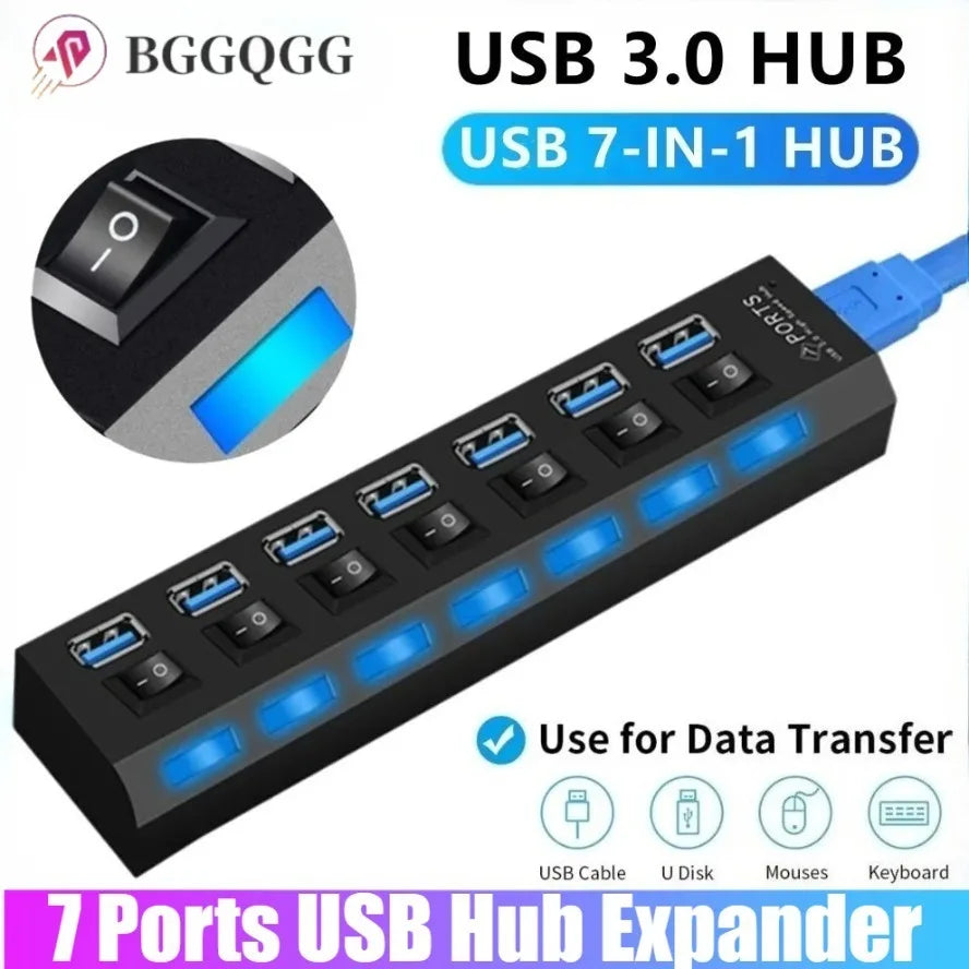 High-Speed 7-Port USB 3.0/2.0 Hub with LED Switch for PC and Laptop