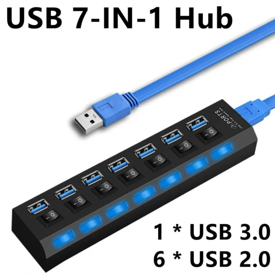 High-Speed 7-Port USB 3.0/2.0 Hub with LED Switch for PC and Laptop