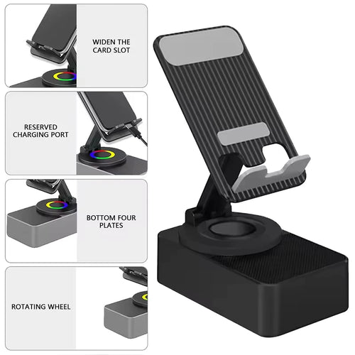 3-in-1 Collapsible Bluetooth Speaker and Phone Holder with 360-Degree Rotation and Portable Power Bank for iPad and Mobile Devices
