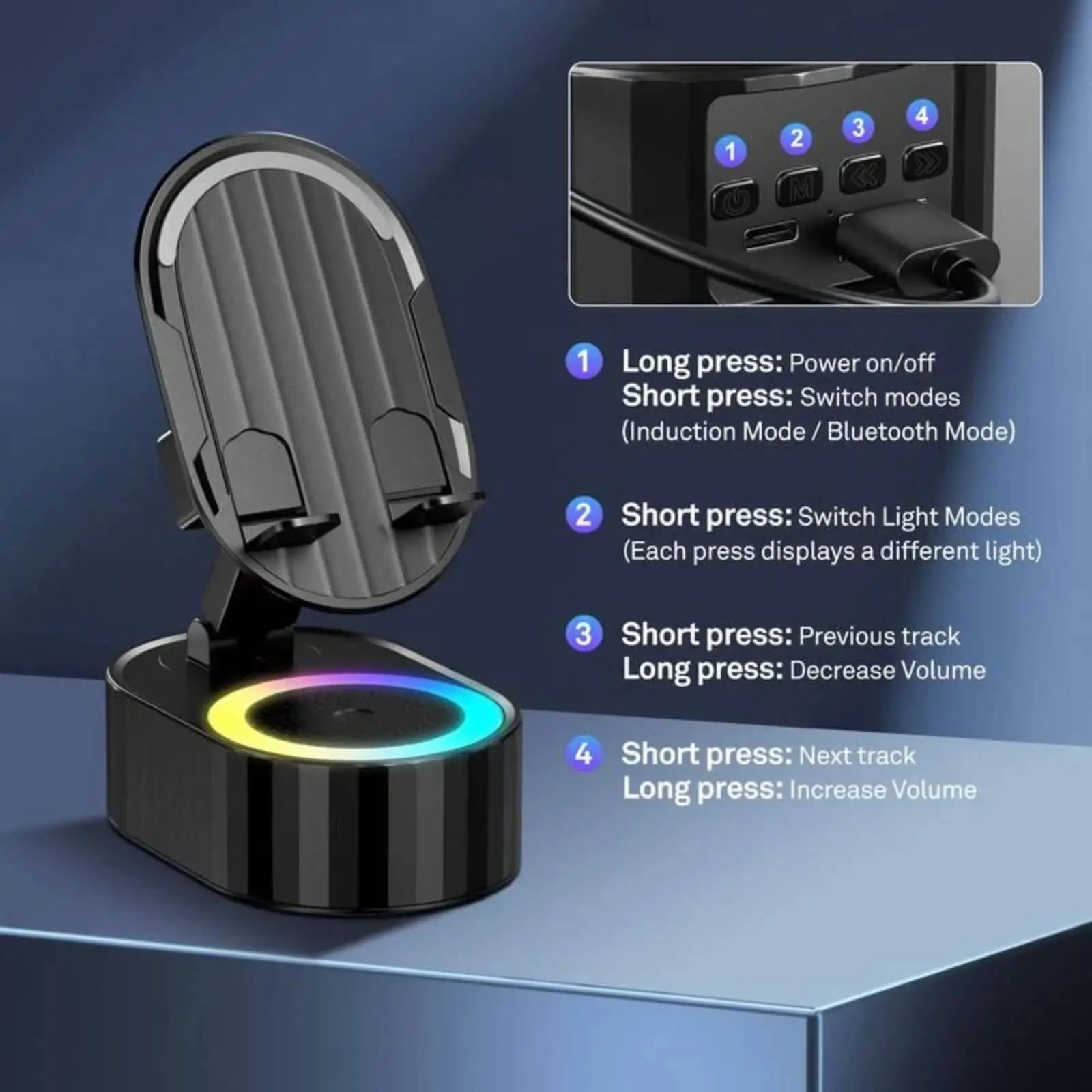 5-in-1 Wireless Induction Bluetooth Speaker with Phone Stand, Cellphone Charger, Power Bank, Atmosphere Light, and Tablet Holder - Black