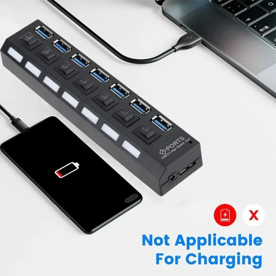 High-Speed 7-Port USB 3.0/2.0 Hub with LED Switch for PC and Laptop