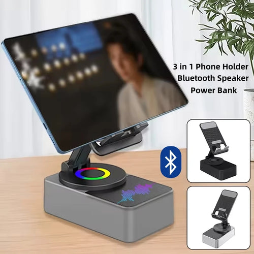 3-in-1 Collapsible Bluetooth Speaker and Phone Holder with 360-Degree Rotation and Portable Power Bank for iPad and Mobile Devices