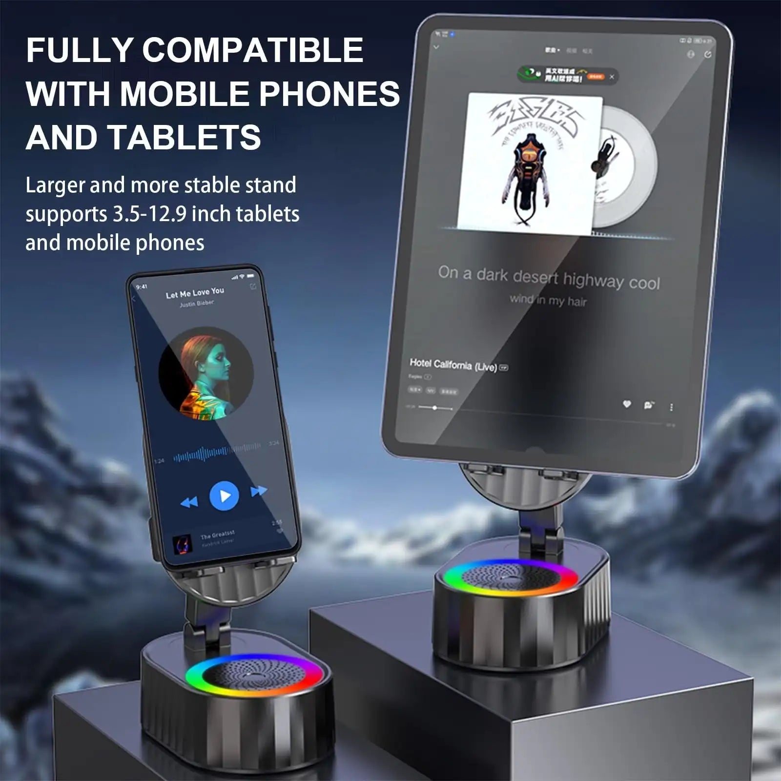 5-in-1 Wireless Induction Bluetooth Speaker with Phone Stand, Cellphone Charger, Power Bank, Atmosphere Light, and Tablet Holder - Black