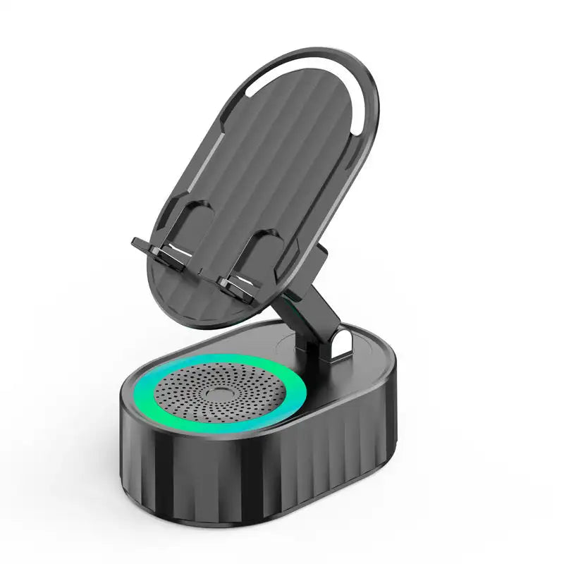 5-in-1 Wireless Induction Bluetooth Speaker with Phone Stand, Cellphone Charger, Power Bank, Atmosphere Light, and Tablet Holder - Black
