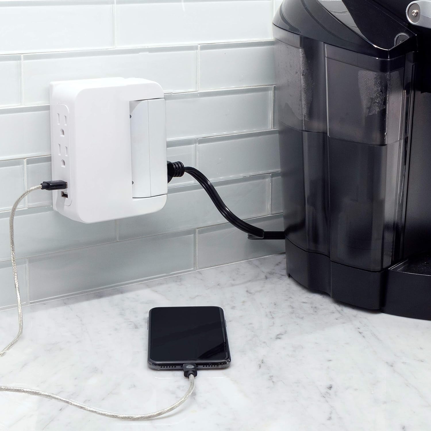 Pro Side-Access Swivel Sur Protector, 5-Outlet Extender with 2 USB Ports, Wall Tap Adapter, Charging Station, 3-Prong, 560 Joules, 2.4 AMP/12 Watt, UL Listed, White, 39429