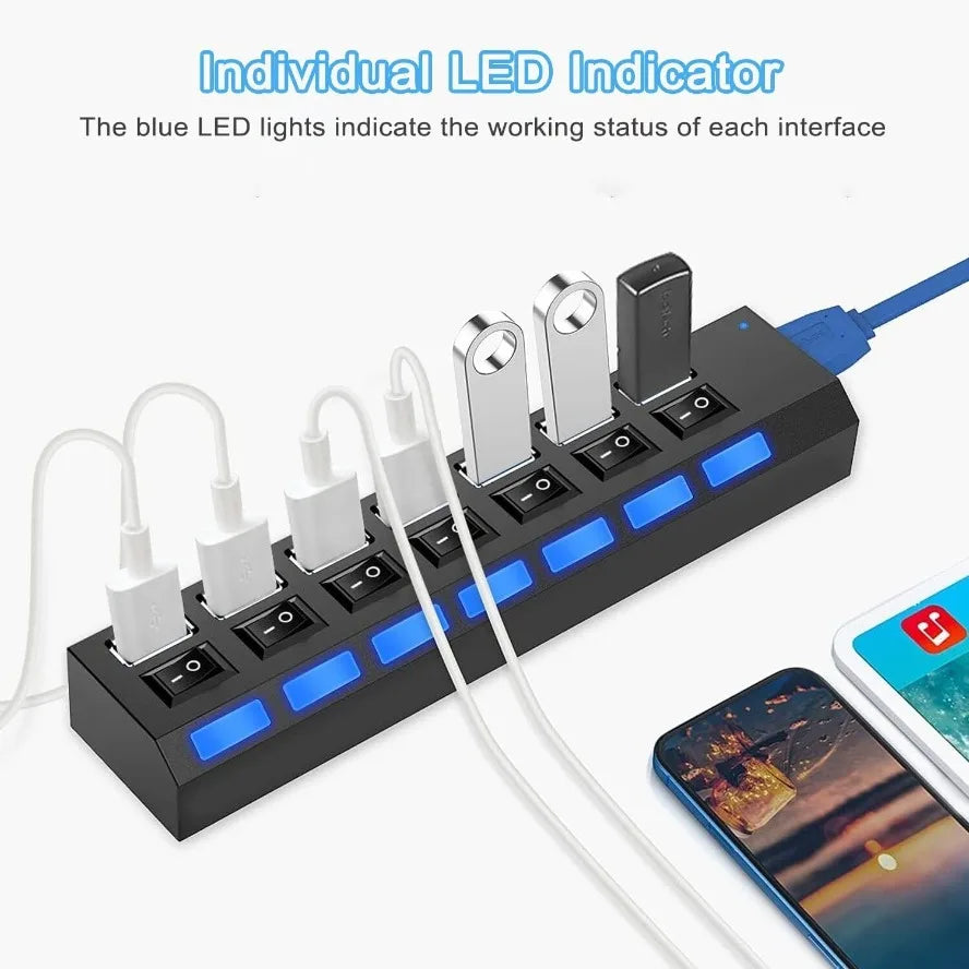 High-Speed 7-Port USB 3.0/2.0 Hub with LED Switch for PC and Laptop
