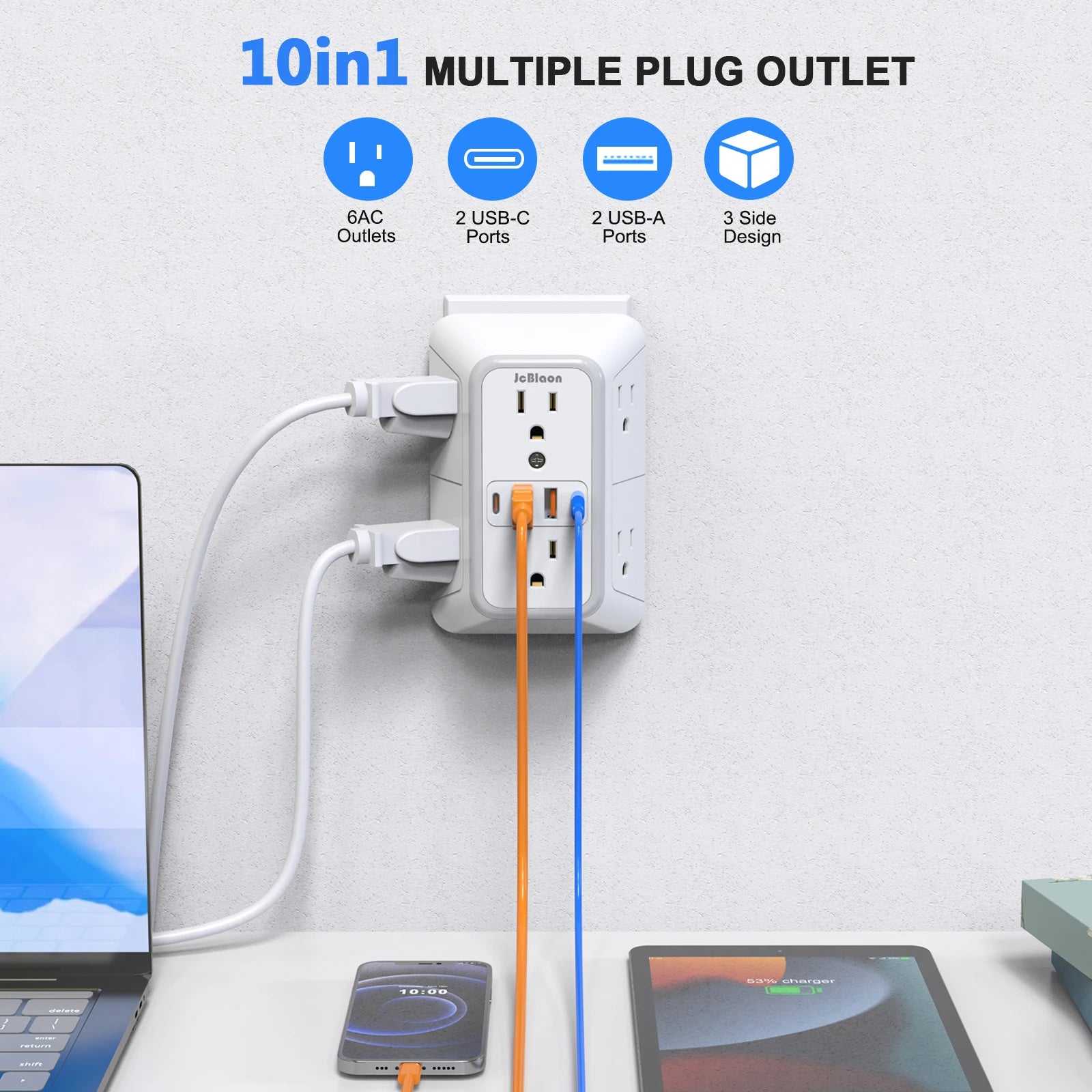 Professional Power Strip with 6 AC Outlets and 4 USB Ports (2 Type C), Universal Wall Socket with Network Filter and Fast Charging Capability