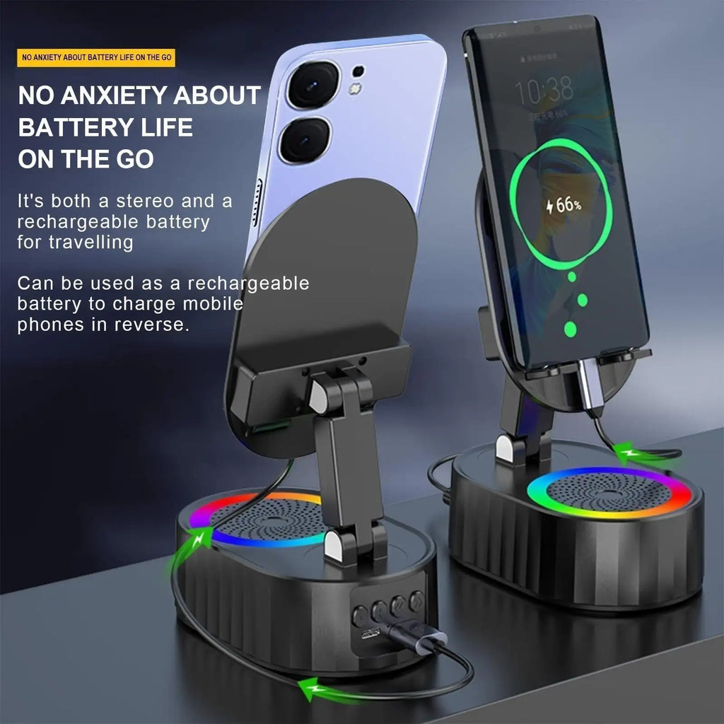 5-in-1 Wireless Induction Bluetooth Speaker with Phone Stand, Cellphone Charger, Power Bank, Atmosphere Light, and Tablet Holder - Black