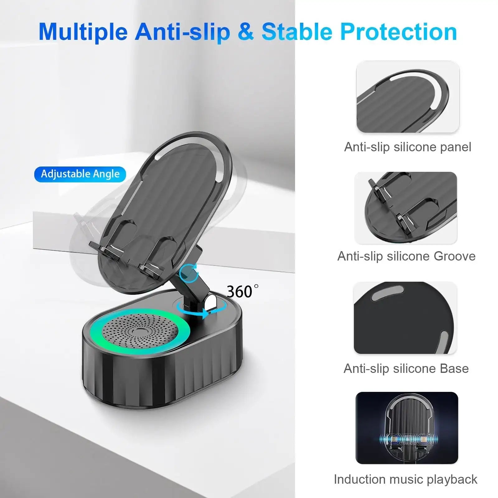 5-in-1 Wireless Induction Bluetooth Speaker with Phone Stand, Cellphone Charger, Power Bank, Atmosphere Light, and Tablet Holder - Black