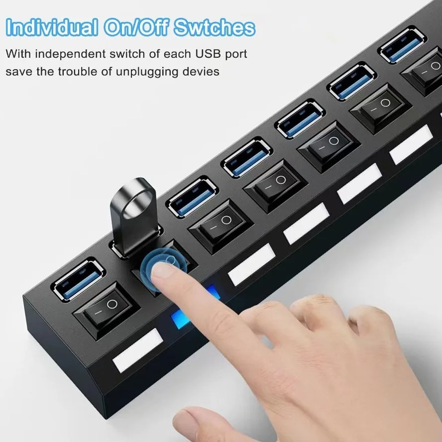 High-Speed 7-Port USB 3.0/2.0 Hub with LED Switch for PC and Laptop