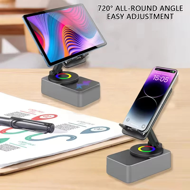 3-in-1 Collapsible Bluetooth Speaker and Phone Holder with 360-Degree Rotation and Portable Power Bank for iPad and Mobile Devices